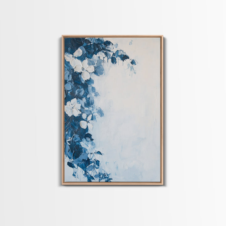 Blue Floral Framed Canvas Print Modern Botanical Wall Art, Minimalist Flower Painting, Elegant Bedroom Decor, Contemporary Art Gift