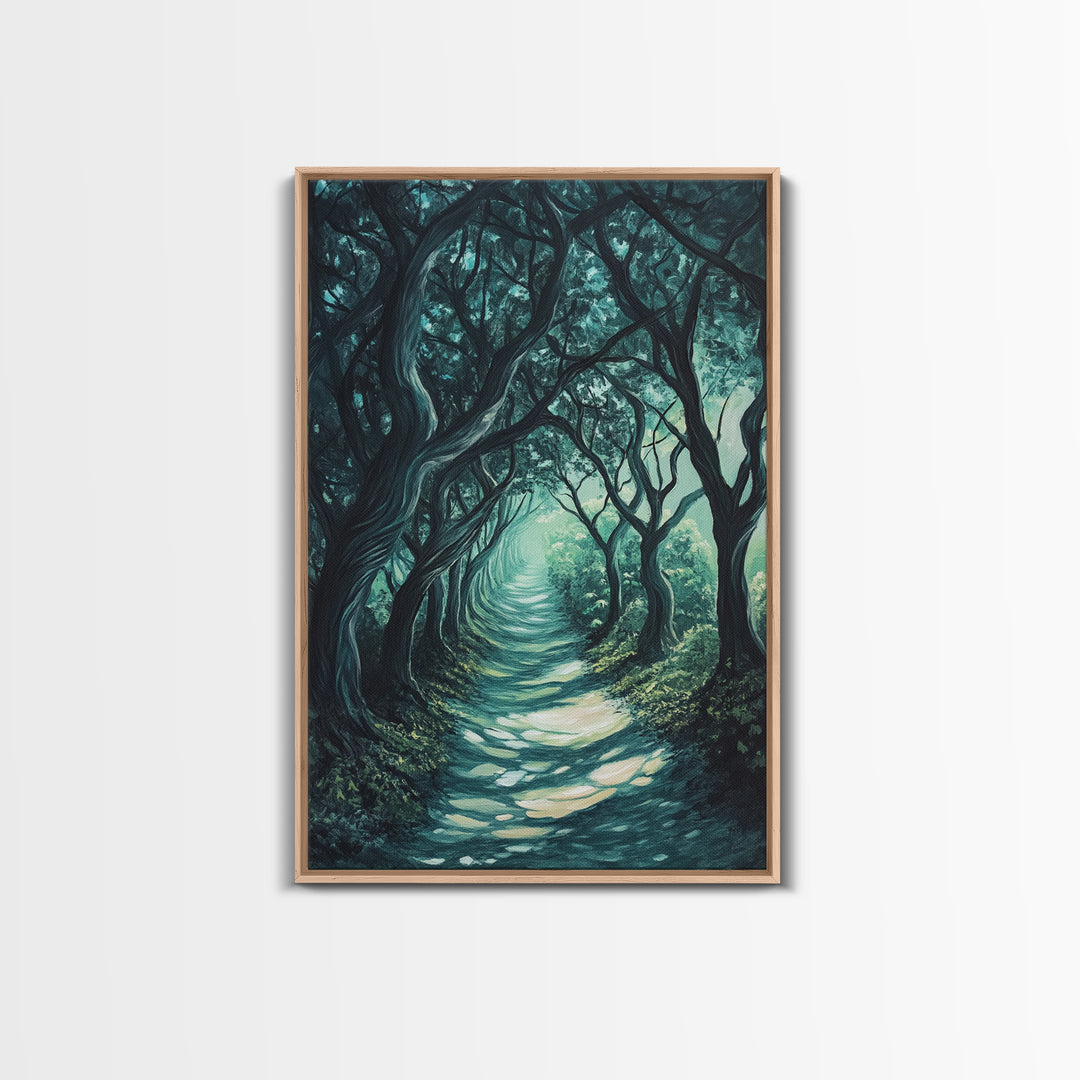 Mystical Tree Tunnel Framed Canvas Print Enchanted Forest Art, Fantasy Landscape, Dark Green Nature Decor, Living Room Wall Art
