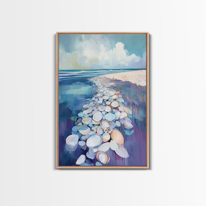 Coastal Shell Path Framed Canvas Print Beach House Decor, Nautical Ocean Art, Seaside Aesthetic, Living Room Coastal Wall Art
