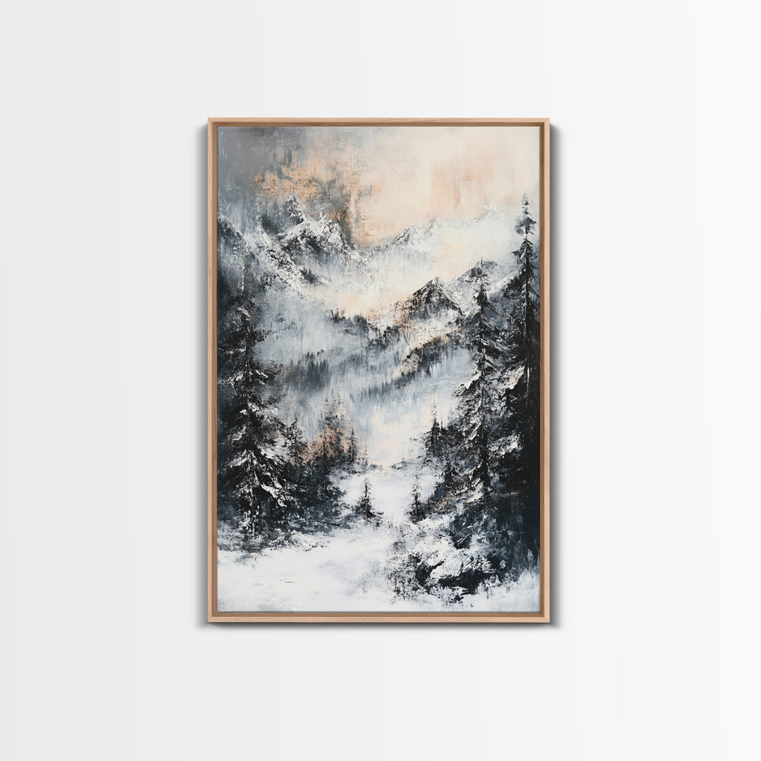 Snowy Mountain Scene Canvas Print Winter Wonderland Wall Art, Alpine Landscape Painting, Cozy Cabin Decor, Neutral Holiday Artwork