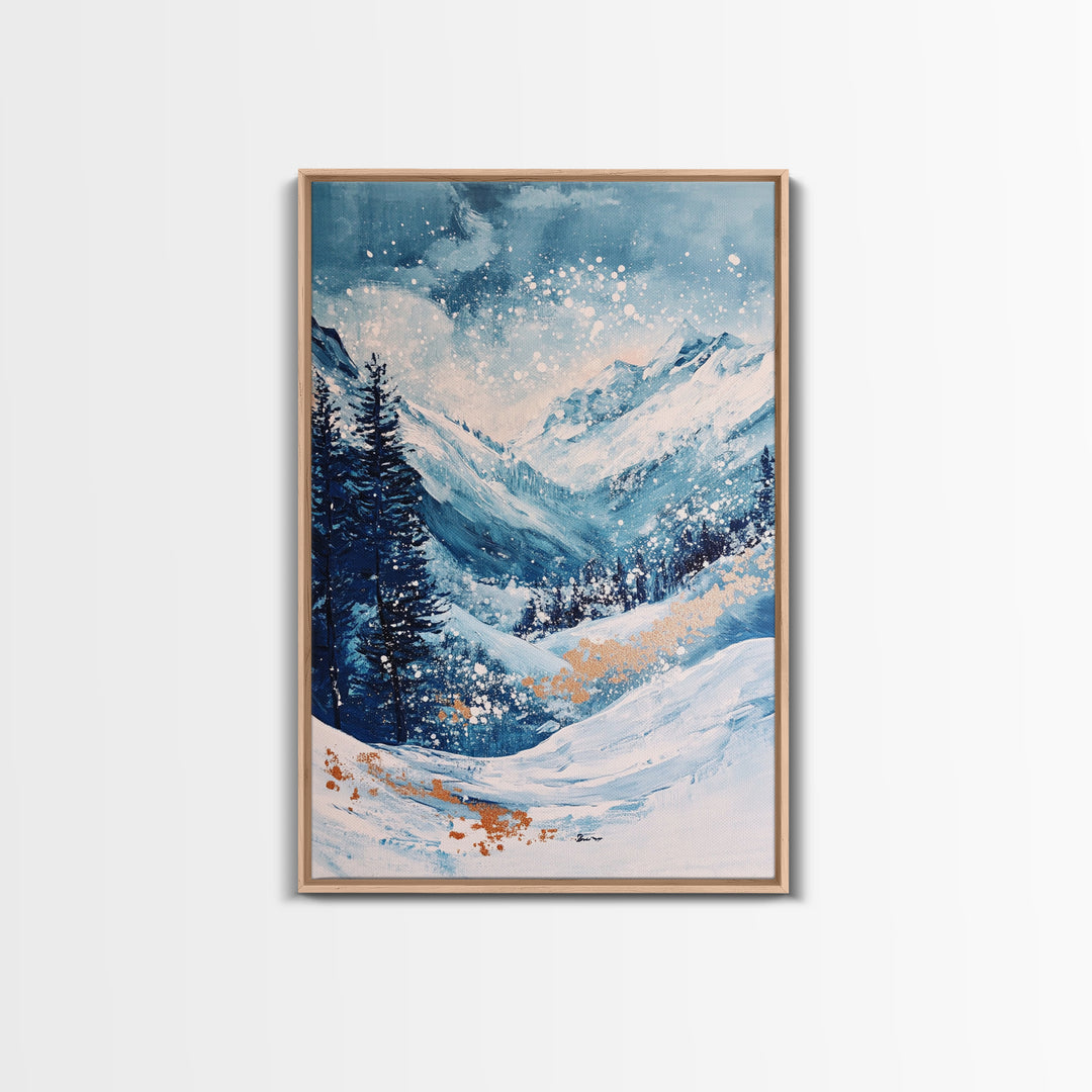 Blue Winter Wonderland Canvas Print Snowy Mountain Art, Nordic Landscape Painting, Ski Lodge Wall Decor, Christmas Holiday Artwork