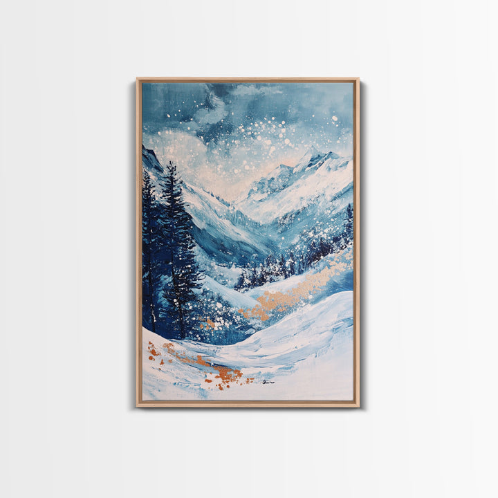Blue Winter Wonderland Canvas Print Snowy Mountain Art, Nordic Landscape Painting, Ski Lodge Wall Decor, Christmas Holiday Artwork