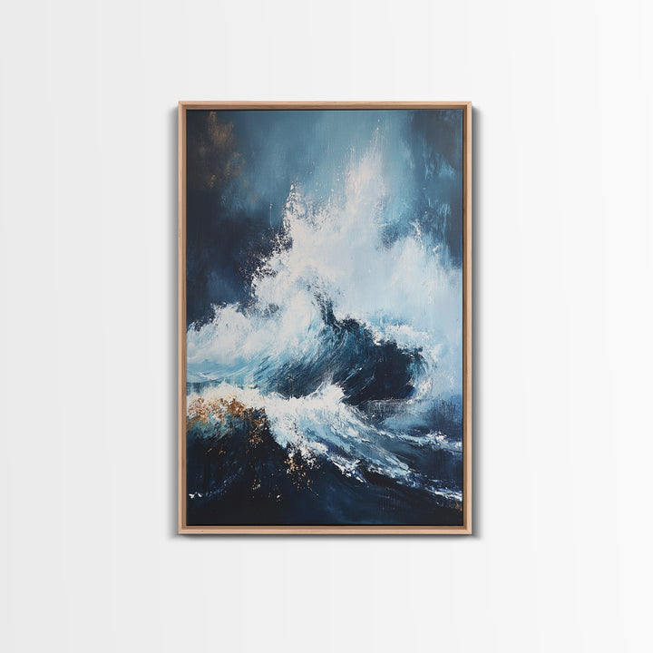 Ocean Wave Power Framed Canvas Print, Coastal Wall Art, Abstract Seascape Painting, Nautical Decor, Beach House Art, Modern Ocean Art