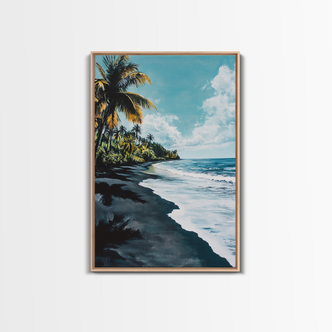 Black Sand Beach, Hawaii Art, Palm Tree Painting, Coastal Wall Art, Nautical Decor, Living Room Art, Canvas Print, Gift Idea
