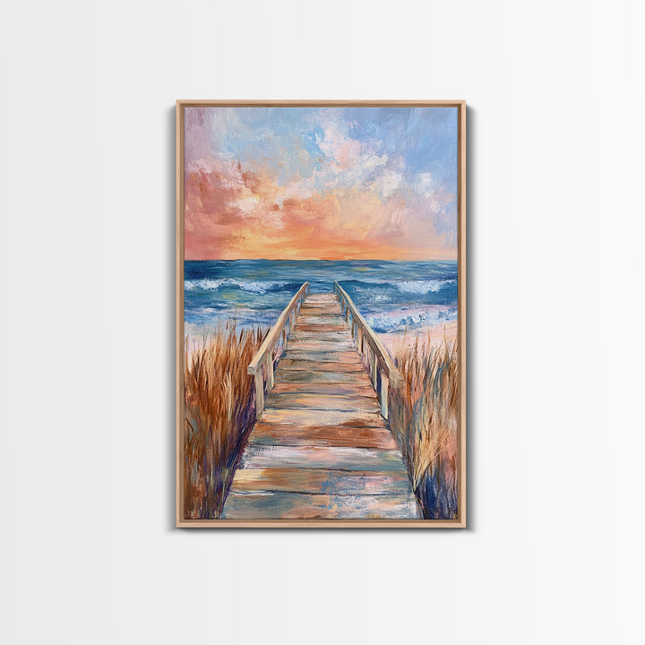 Coastal Sunset, Beach Boardwalk, Seascape Painting, Nautical Wall Art, Coastal Decor, Living Room Art, Canvas Print, Gift Idea