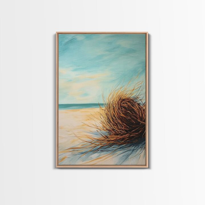 Beach Tumbleweed Painting Framed Canvas Print Coastal Wall Art Ocean Sand Decor Minimalist Art Boho Beach House Wall Accent