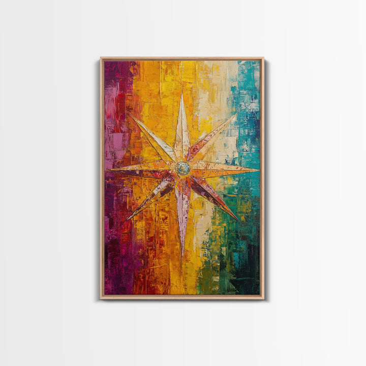Compass Star Canvas Print Rustic Nautical Wall Art Adventure Decor Travel Lovers Gift Vibrant Abstract Living Room Artwork