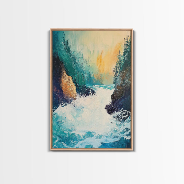 Rushing Waterfall Framed Canvas Print Nature Landscape Wall Art, Wilderness River Painting, Cabin Art, Mountain Stream Artwork