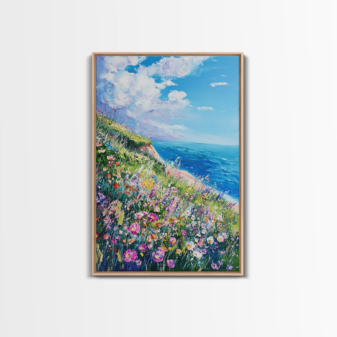 Ocean Cliffside Flowers Framed Canvas Print Coastal Landscape Wall Art, Wildflower Meadow Painting, Beach House Art, Seaside Decor