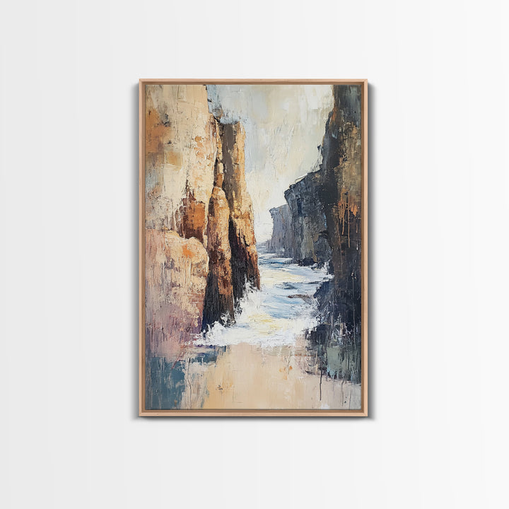 Canyon Coastal Waves Framed Canvas Print Dramatic Landscape Wall Art, Nature Painting, Rustic Western Art, Ocean Cliffs Artwork