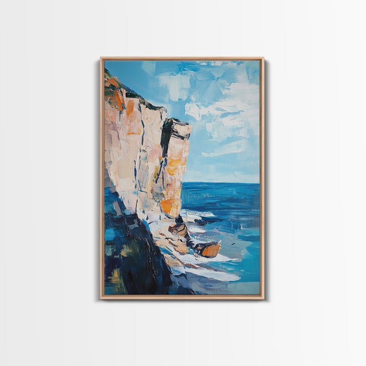Coastal Cliff Art Framed Canvas Print | Beach Wall Decor | Ocean Landscape Painting | Seaside Home Art | Nautical Wall Art