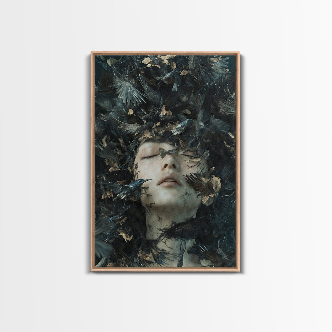 Dark Mystic Bird Canvas Print - Surreal Gothic Art, Moody Wall Decor, Dramatic Dreamscape Painting, Black Feather Fantasy Artwork