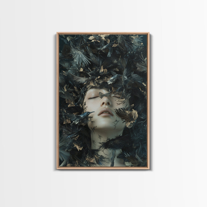 Dark Mystic Bird Canvas Print - Surreal Gothic Art, Moody Wall Decor, Dramatic Dreamscape Painting, Black Feather Fantasy Artwork