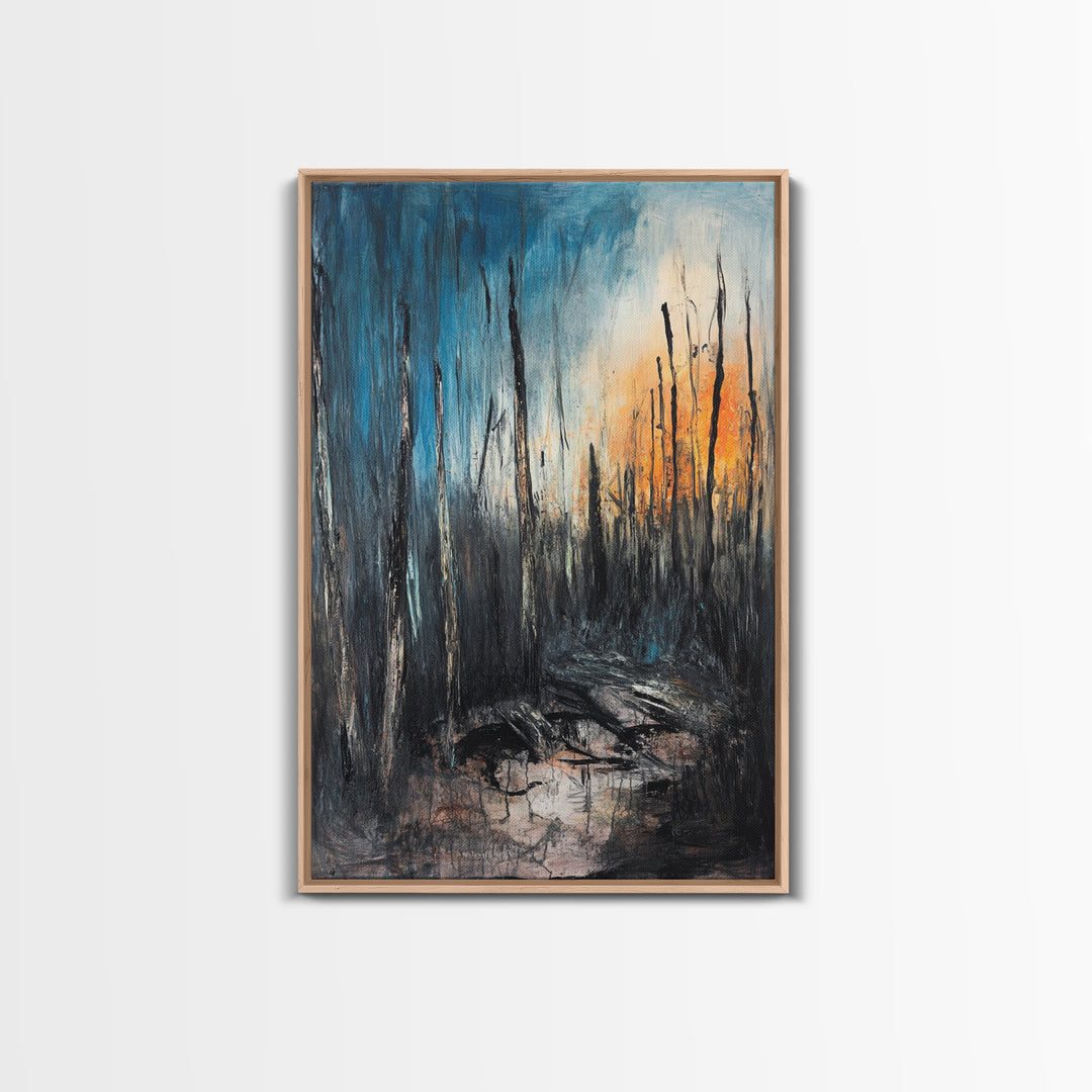 Burnt Forest, Forest At Dusk Painting, Moody Art, Nature Wall Art, Dark Landscape Painting, Abstract Forest Art, Framed Canvas Print