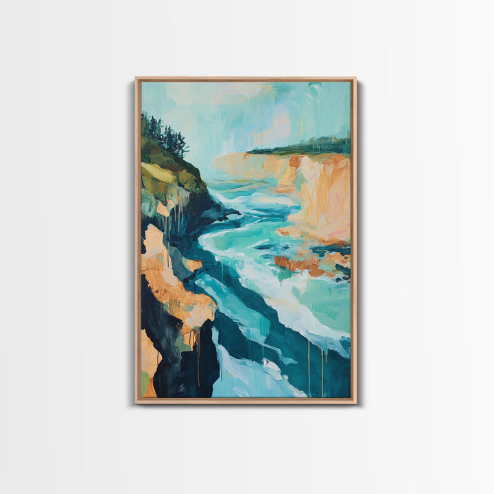 Coastal Cliffs, Nautical Painting, Seascape Painting, Rustic Decor, Extra Wide Art, Above Bed Wall Art, Framed Canvas Print
