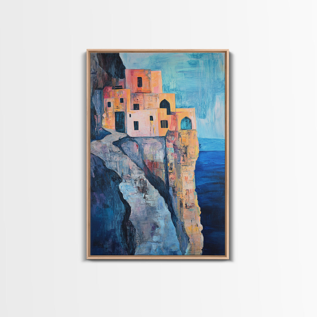 Cliffside Village, Mediterranean Art, Coastal Wall Art, Seascape Painting, Boho Art, Rustic Wall Art, Framed Canvas Print