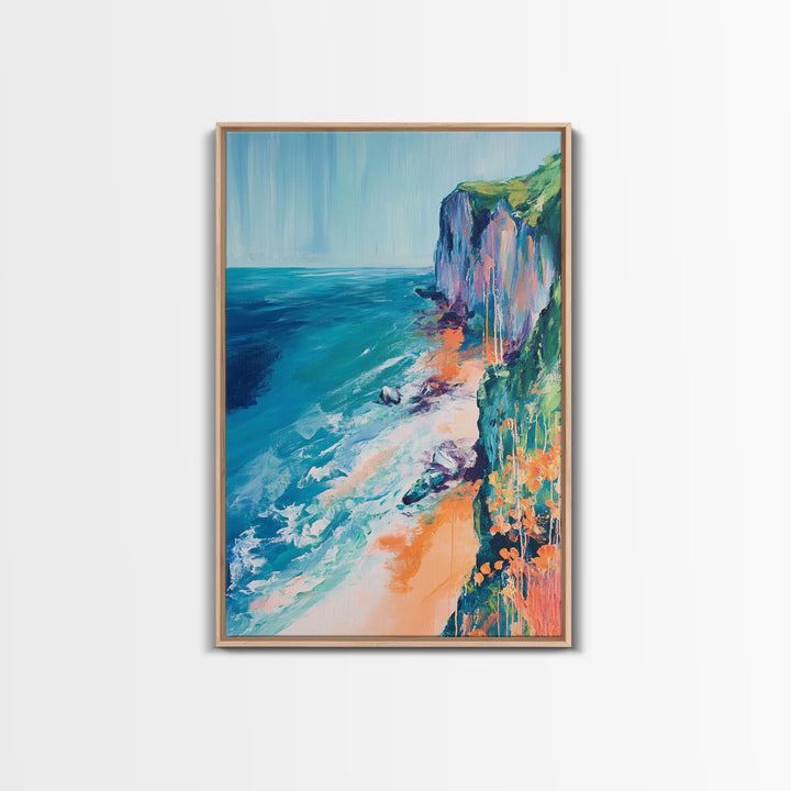 Ocean Cliffs, Coastal Decor, Nautical Wall Art, Landscape Painting, Seascape Painting, California Poppy Art, Canvas Print