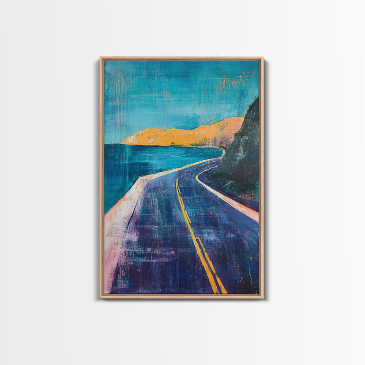 Coastal Highway, surf wall art, coastal decor, scenic road painting, living room art, minimalist art, Framed Canvas Print, gift idea