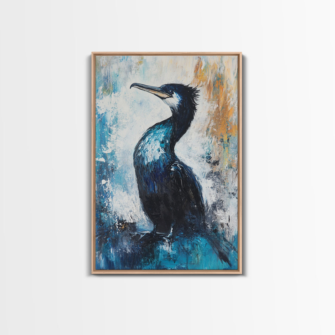 Blue Heron, bird art, rustic wall art, coastal landscape art, moody art, wildlife painting, Framed Canvas Print, nature-inspired decor