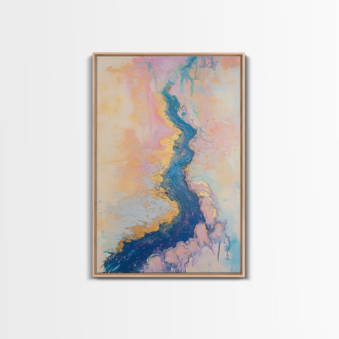 River Gold, gemstone painting, abstract landscape painting, pastel wall art, wabi sabi wall art, Framed Canvas Print, gift idea for her