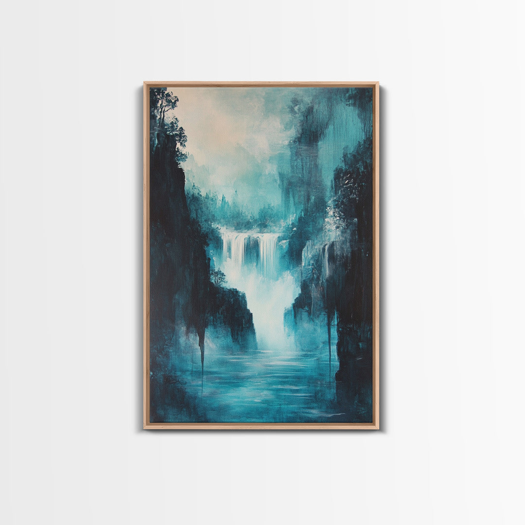 waterfall painting, landscape painting, framed canvas print, mountain painting, rustic wall art, blue and green wall art, gift idea