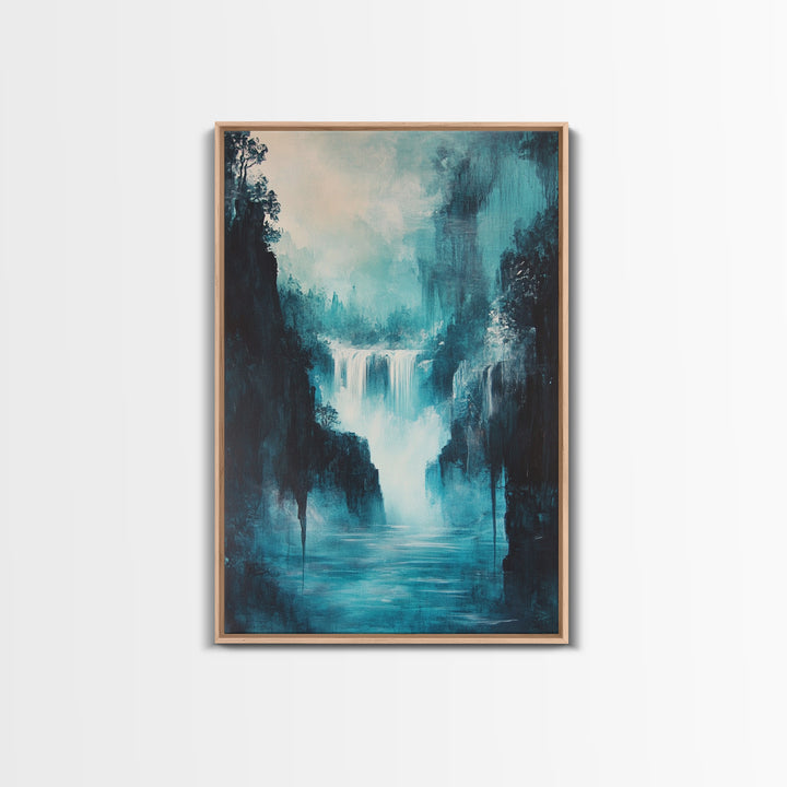 waterfall painting, landscape painting, framed canvas print, mountain painting, rustic wall art, blue and green wall art, gift idea