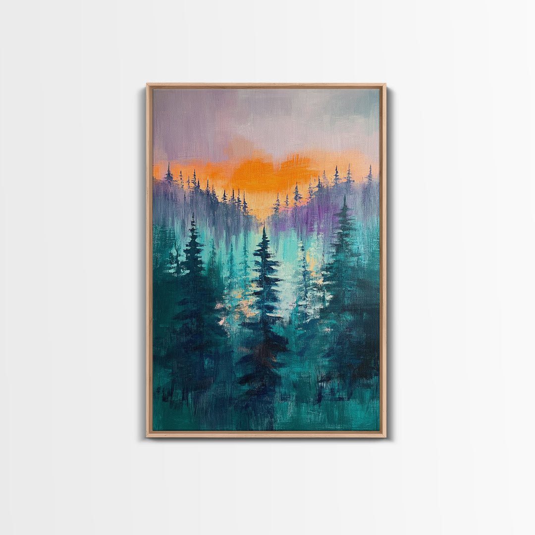 pine tree art, landscape painting, framed canvas print, mountain painting, forest at dusk painting, rustic wall art, gift idea