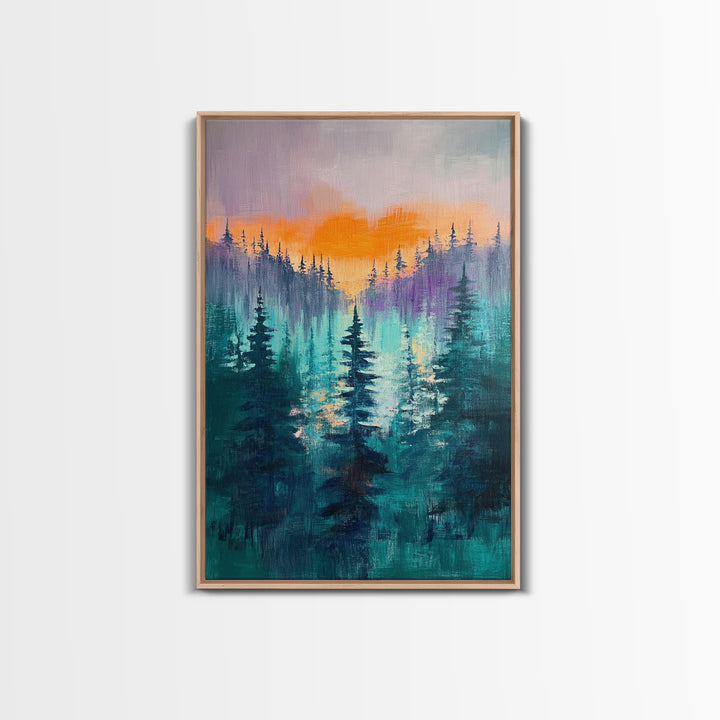 pine tree art, landscape painting, framed canvas print, mountain painting, forest at dusk painting, rustic wall art, gift idea