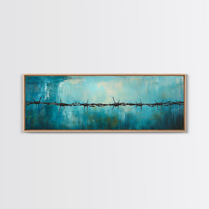 Barbed Wire Minimalist Painting, Blue and Black Modern Wall Art, Industrial Urban Aesthetic, Bold Statement Office, Canvas Print
