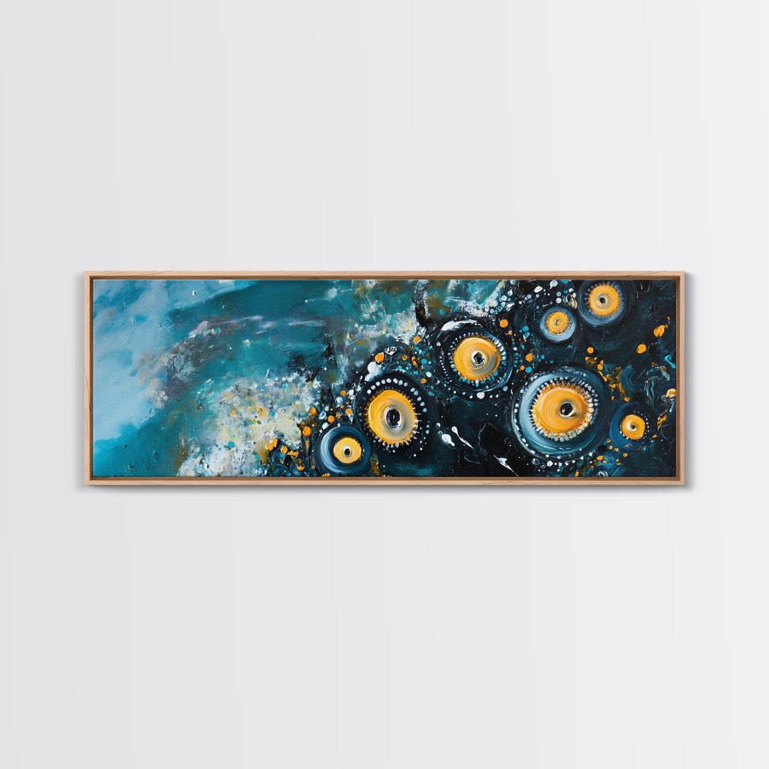Abstract Cosmic Eye Painting, Modern Celestial Art, Blue and Gold Surreal Wall Decor, Unique Living Room, Framed Canvas Print