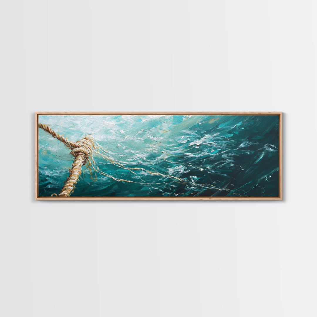 Ocean Rope Waves Canvas Print Nautical Wall Art Beach House Decor Coastal Blue Artwork Framed Seascape Living Room Wall Art