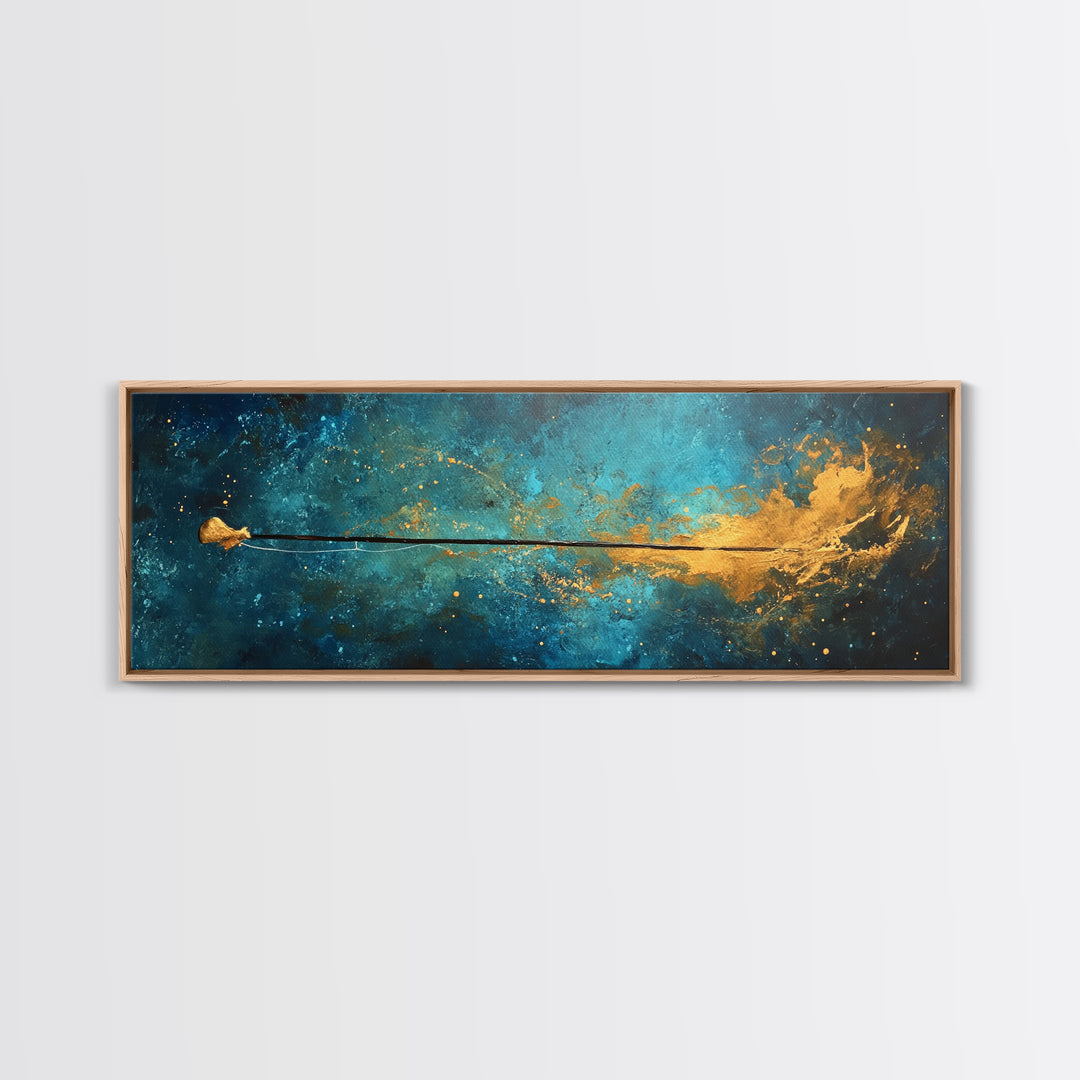 Cosmic Fishing Line Canvas Print Abstract Space Wall Art Gold and Blue Modern Artwork Celestial Decor Living Room Framed Art