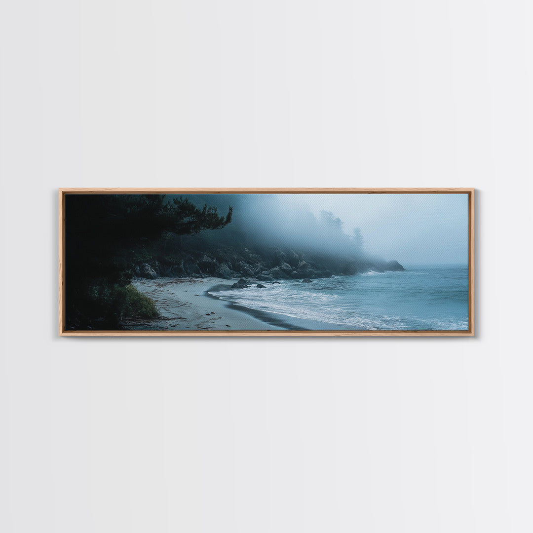 Foggy Beach Framed Canvas Print Moody Coastal Wall Art, Ocean Mist Seascape, Minimalist Nature Print, Tranquil Living Room Decor