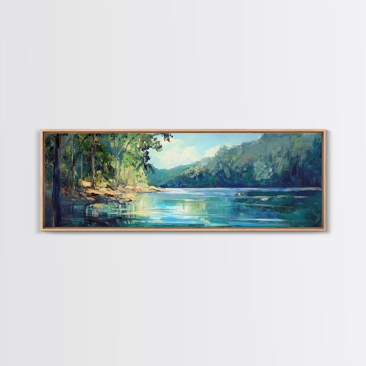 River Valley Framed Canvas Print Tranquil Nature Wall Art, Lush Green Landscape, Summer Cabin Artwork, Rustic Living Room Decor