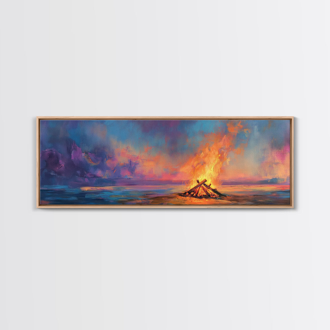 Beach Bonfire Sunset Painting, Vibrant Coastal Seascape Art, Ocean Night Sky Wall Decor, Warm Living Room, Framed Canvas Print