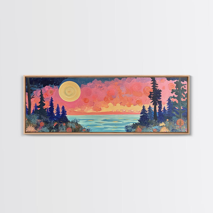 Mystical Moonlight Landscape Framed Canvas Print, Dreamy Forest Art, Boho Sunset Wall Art, Celestial Painting, Living Room Decor