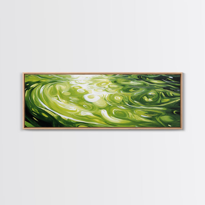 Abstract Green Swirl Painting, Modern Contemporary Wall Art, Nature Inspired Water Reflection, Trendy Office, Framed Canvas Print