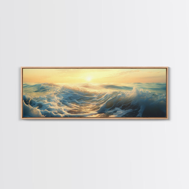 Ocean Sunset Canvas Print Coastal Waves Painting, Golden Horizon Seascape, Nautical Wall Decor, Beach House Art, Bedroom Wall Art