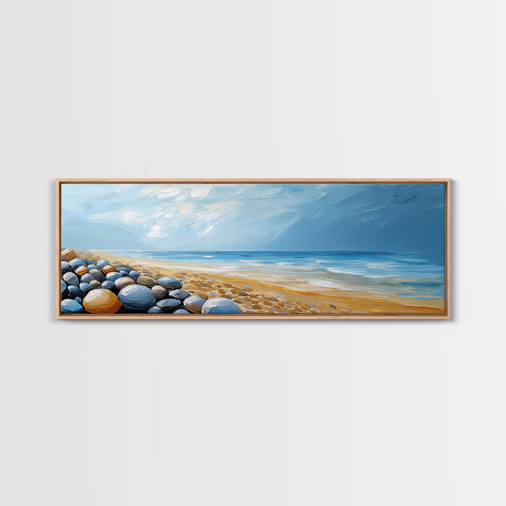 Pebble Beach Seascape Framed Canvas Print Coastal Landscape Wall Art, Serene Ocean Painting, Nautical Bathroom Decor, Minimalist Art