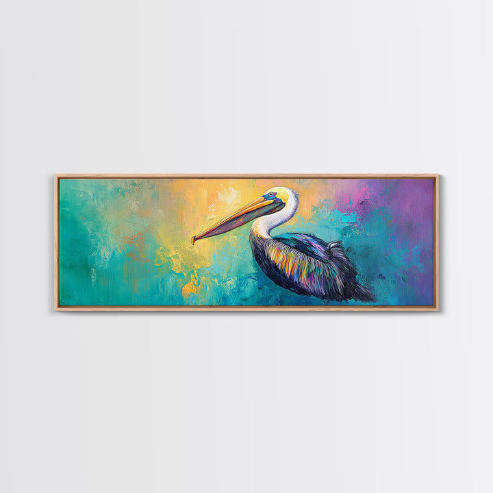 Pelican Abstract Framed Canvas Print Coastal Bird Wall Art, Vibrant Nautical Painting, Beach House Decor, Modern Wildlife Artwork