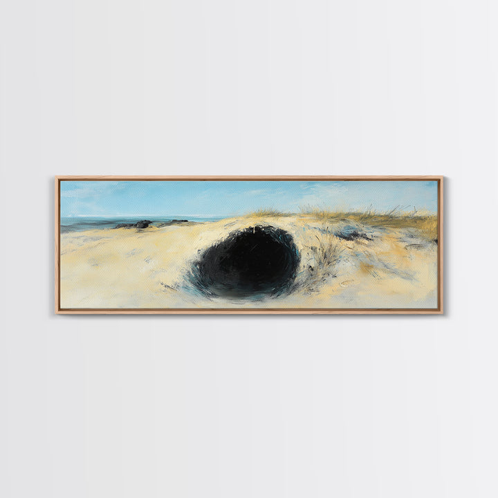 Desert Hole Mystery Framed Canvas Print - Surreal Sand Dune Painting, Minimalist Earthy Wall Art, Unique Living Space