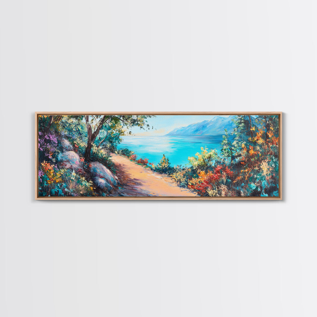 Coastal Pathway Painting Vibrant Beach Landscape Art Mediterranean Seaside Wall Decor Nature Artwork Living Room