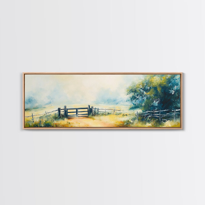 Country Gate Painting Rustic Farmhouse Landscape Art Tranquil Field Wall Decor Cozy Pastoral Artwork Entryway