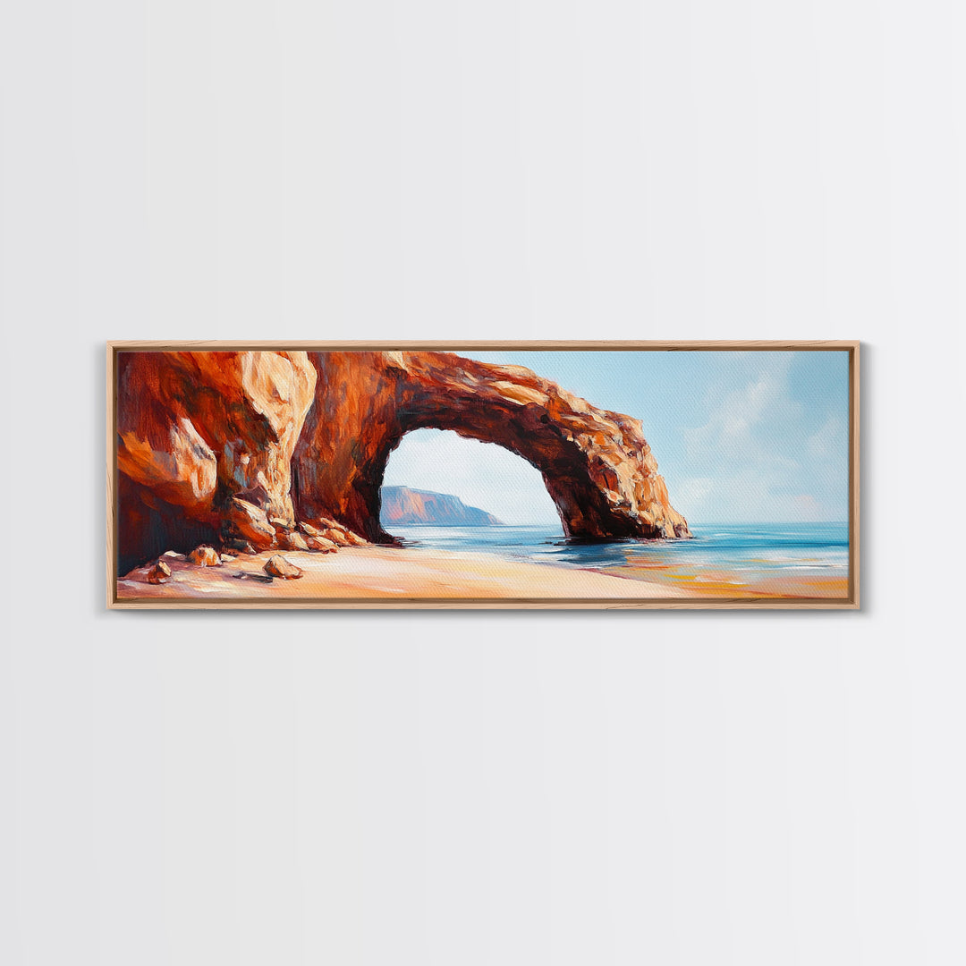 Natural Rock Arch Painting Coastal Cliff Seascape Wall Art Earthy Ocean Landscape Artwork Canvas Print Beach House Decor