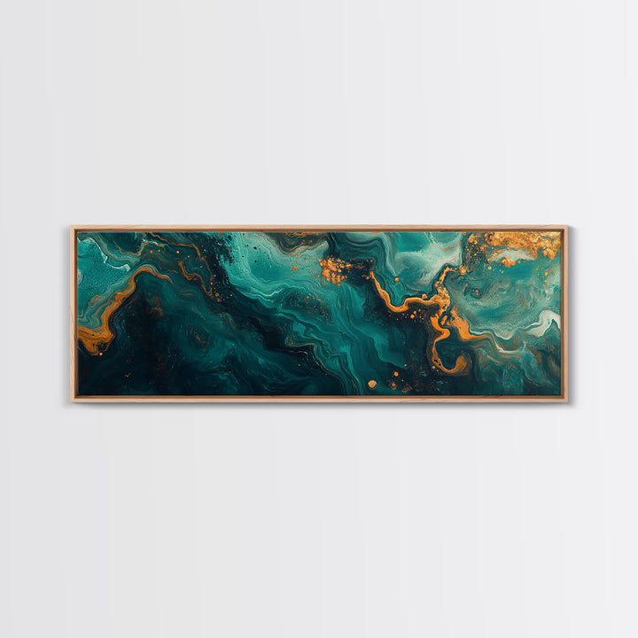Abstract Fluid Painting Turquoise and Gold Swirl Wall Art Marble Aesthetic Artwork Luxury Modern Decor Dining Room