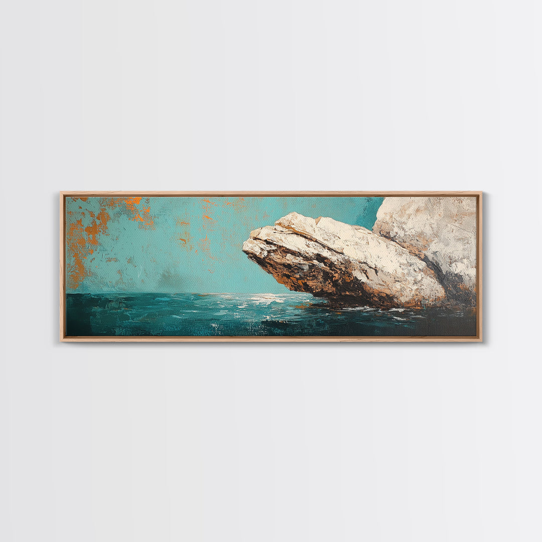 Coastal Rock Formation Framed Canvas Print, Ocean Cliff Painting, Nautical Wall Art, Beach House Decor, Textured Landscape Artwork