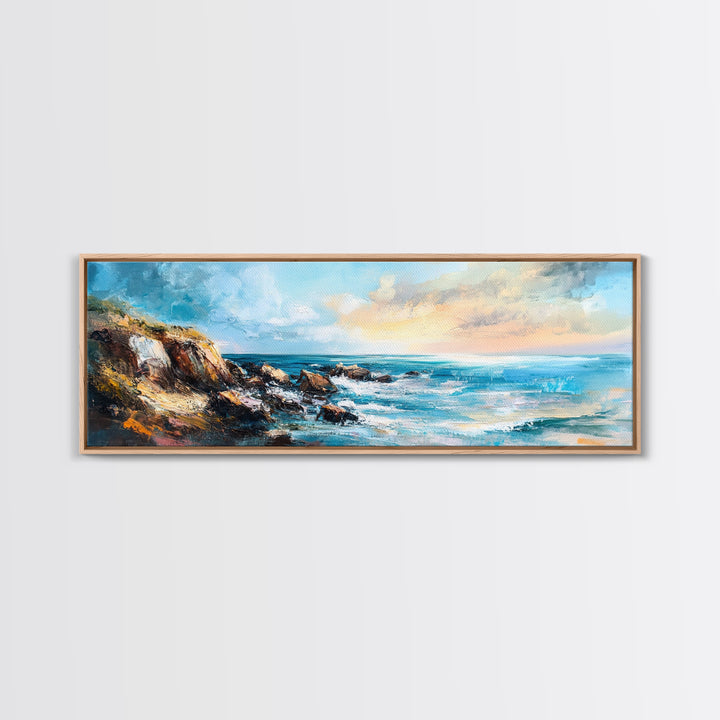 Rocky Ocean Shoreline Framed Canvas Print, Textured Seascape Painting, Beach House Wall Art, Coastal Living Room Decor, Wave Artwork