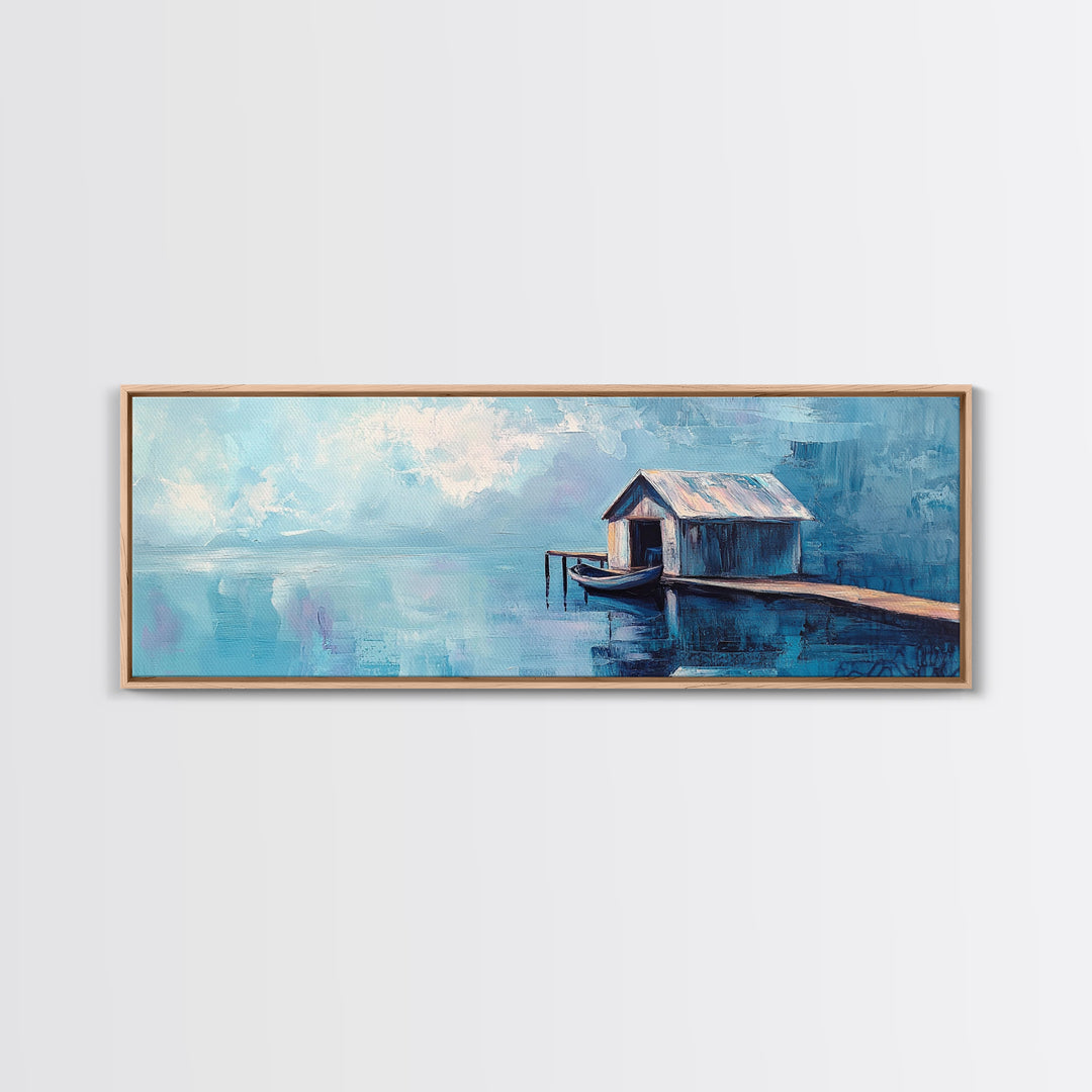 Blue Boathouse Canvas Print Tranquil Lake Scene Wall Art Nautical Cabin Decor Coastal Painting Minimalist Blue Wall Art Living Room