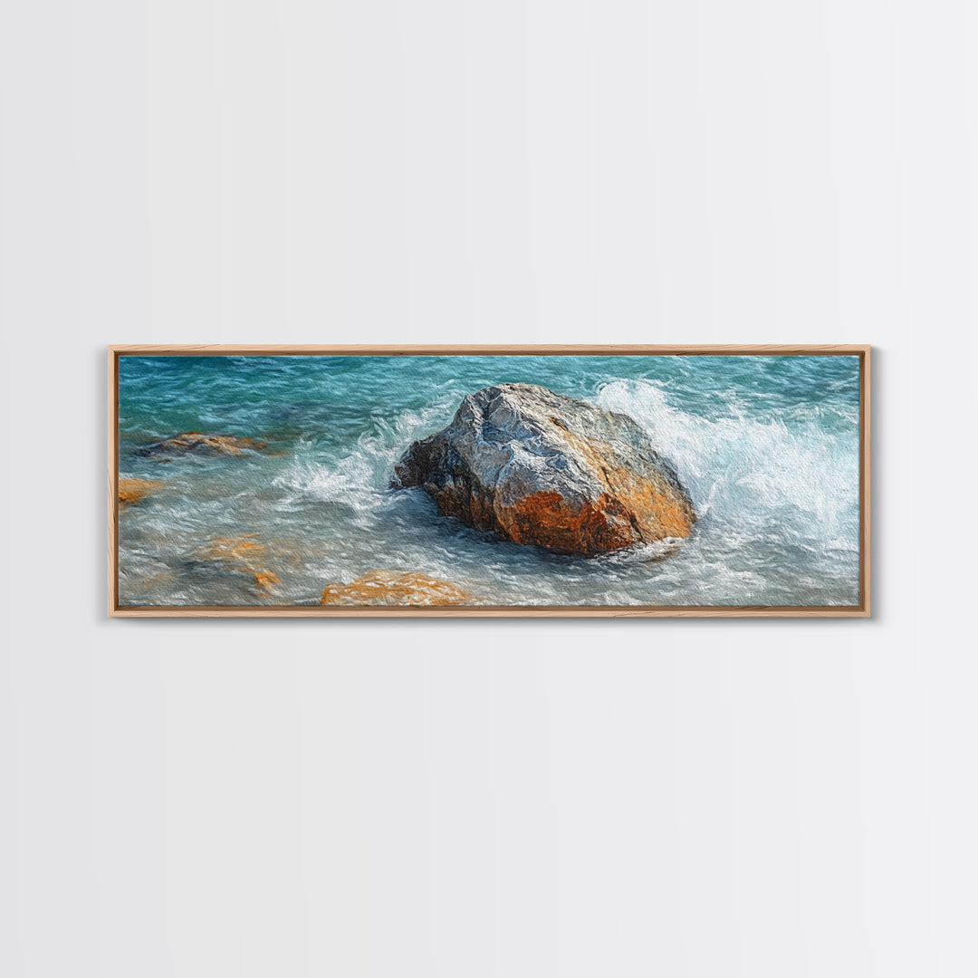 Ocean Rock Waves Framed Canvas Print Coastal Nature Wall Art, Beach Landscape Painting, Rustic Seascape Decor, Home Accent
