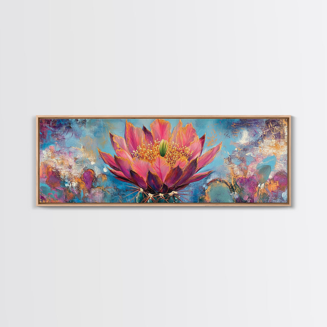 Blooming Cactus Art Framed Canvas Print Boho Floral Wall Art Desert Home Decor Vibrant Succulent Painting Southwestern Gift